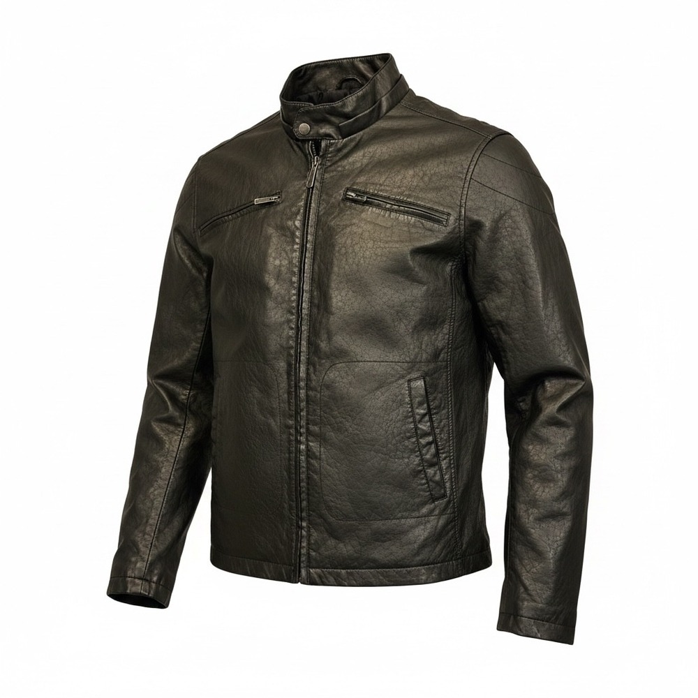 Whispering Smith Mens Black Faux Leather Moto‎ Racer Jacket Quilted Lined Large